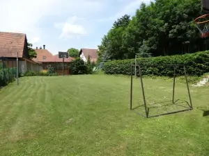 travnaté hřiště pro míčové hry (branky, sloupky, síť, basketbalové koše)