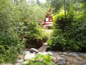 Pohled k chatě od protékajího horského potoka (rok 2005)