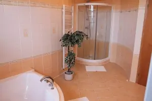 rekreační dům - koupelna se 2 umyvadly, rohovou vanou, sprchovým koutem a WC